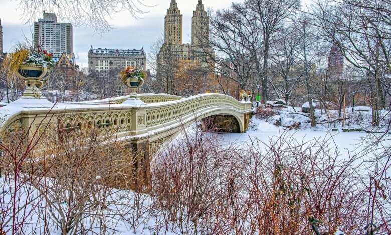 Ponte Bow, no Central Park, em Nova York, no inverno, após uma tempestade de neve