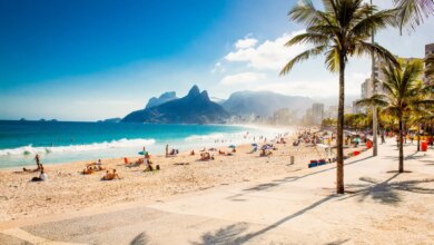 Palmeiras e o Morro Dois Irmãos na praia de Ipanema, no Rio de Janeiro