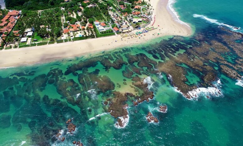 Vista aérea da praia de Porto de Galinhas, com areia branca, mar cristalino e recife de corais