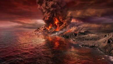 Representação artística da erupção vulcânica em massa que lançou quantidades colossais de CO₂ e metano na atmosfera há 252 milhões de anos, desencadeando a maior extinção em massa da história da Terra.