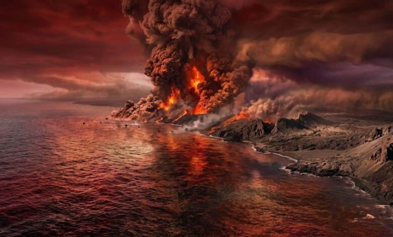 Representação artística da erupção vulcânica em massa que lançou quantidades colossais de CO₂ e metano na atmosfera há 252 milhões de anos, desencadeando a maior extinção em massa da história da Terra.