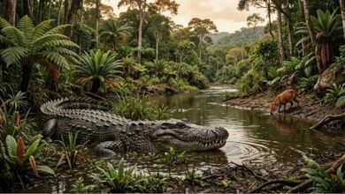 Há mais de 10 milhões de anos, crocodilianos gigantes dominavam os ecossistemas da América do Sul. (Imagem gerada por inteligência artificial/Gemini)