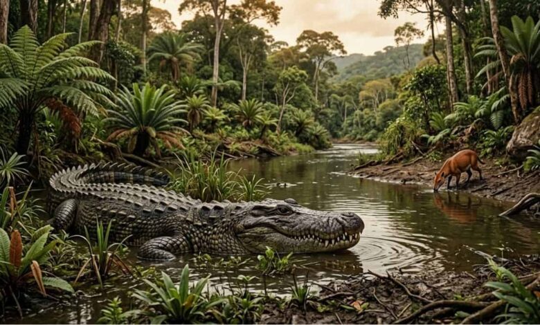 Há mais de 10 milhões de anos, crocodilianos gigantes dominavam os ecossistemas da América do Sul. (Imagem gerada por inteligência artificial/Gemini)