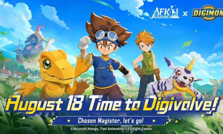 Digimon Adventure chega a AFK Journey em crossover limitado com Taichi, Yamato e digievoluções