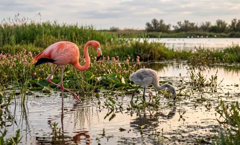 Flamingo adulto rosa e um filhote ainda branco.