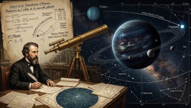 Netuno em destaque, com Urano ao fundo e elementos visuais que remetam aos cálculos astronômicos do século XIX, como anotações matemáticas, mapas estelares e um telescópio antigo. A composição deve transmitir a ideia de que o planeta foi previsto por cálculos antes de ser identificado no céu.