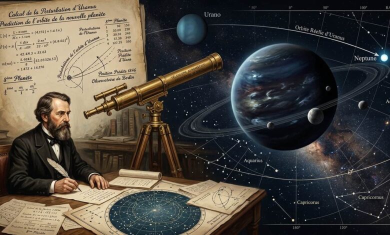 Netuno em destaque, com Urano ao fundo e elementos visuais que remetam aos cálculos astronômicos do século XIX, como anotações matemáticas, mapas estelares e um telescópio antigo. A composição deve transmitir a ideia de que o planeta foi previsto por cálculos antes de ser identificado no céu.
