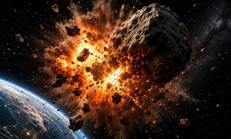 Simulação de um asteroide xplodindo no espaço