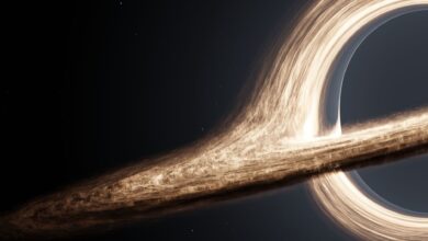 Dramatic CGI rendering of a black hole with swirling accretion disk.