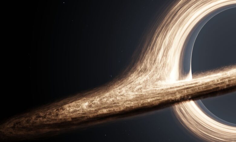 Dramatic CGI rendering of a black hole with swirling accretion disk.