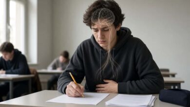 Estudante sentindo frio na barriga durante uma prova.