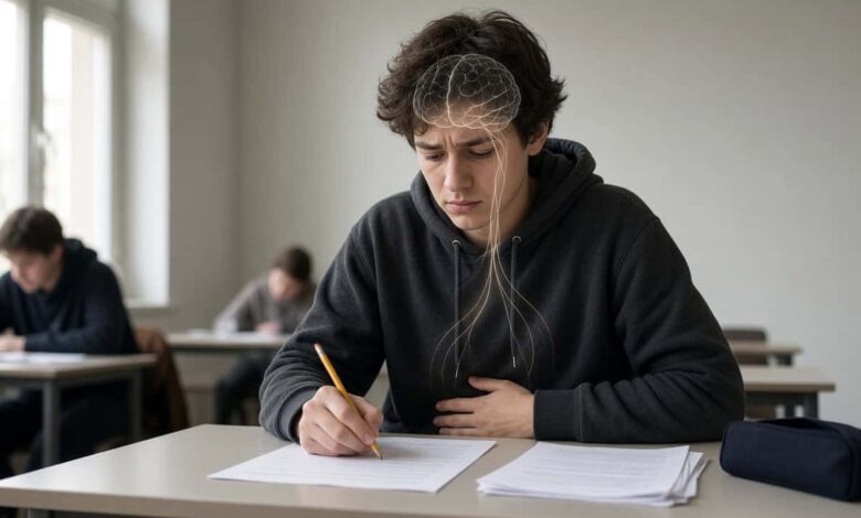Estudante sentindo frio na barriga durante uma prova.