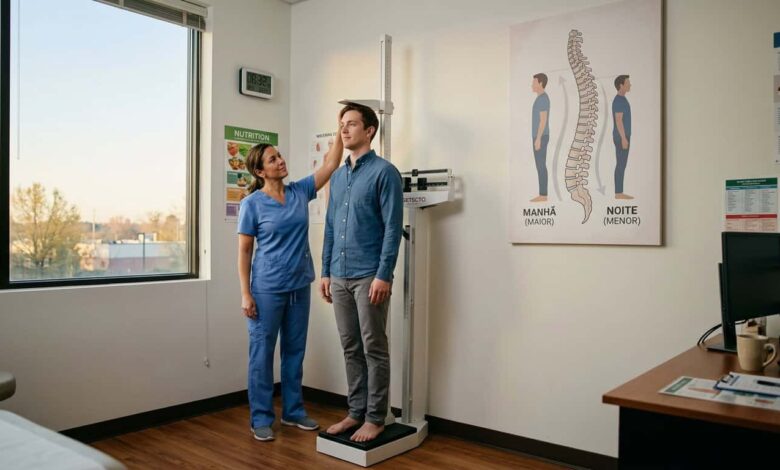 homem medindo a altura eum sala de consulta médica