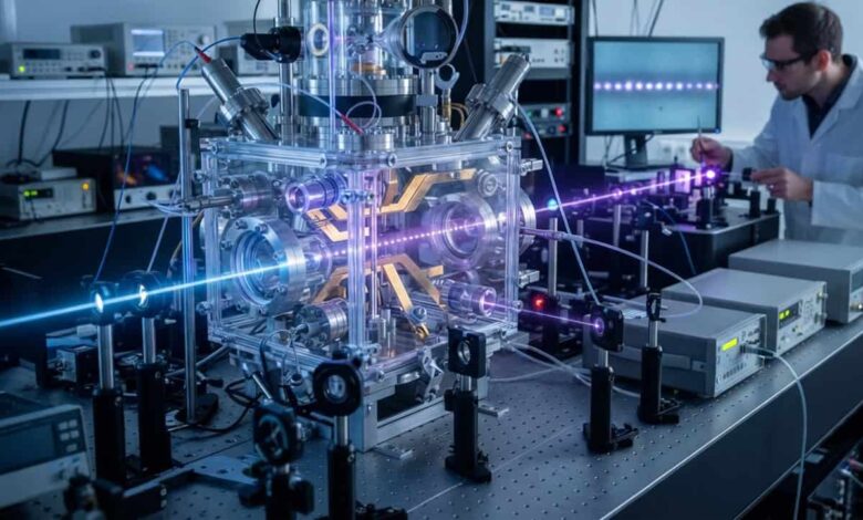 Pesquisadores do IFSC-USP utilizam lasers para resfriar e aprisionar íons de estrôncio dentro de uma câmara de ultra-alto vácuo, criando a base para a computação quântica no Brasil.