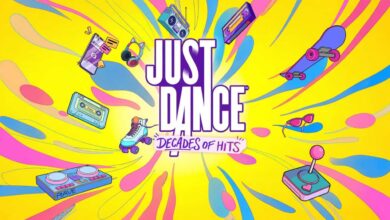 Capa de Just Dance: Decades of Hits com a Lyra e as seis eras do jogo